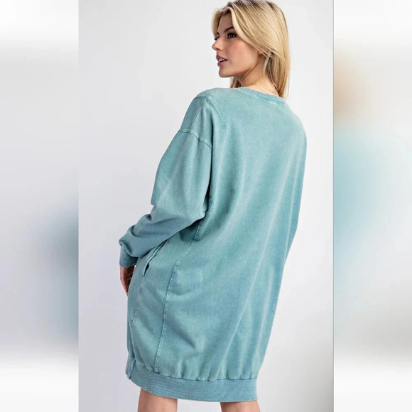 New Easel Mineral Washed Cotton Knit Long Sleeve Pullover Dress - Picture 5 of 6